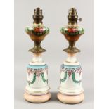 A PAIR OF LATE 19TH CENTURY PORCELAIN OIL LAMPS, with floral painted decoration and ormolu mounts.