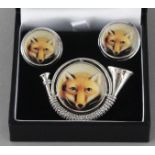 A SILVER AND ENAMEL FOX BROOCH and PAIR OF CUFFLINKS.