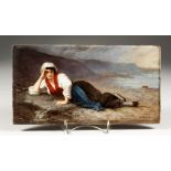 M. VINCENT A GOOD PORCELAIN PLAQUE of a young lady laying beside the beach. Signed. 6ins x 12ins, in
