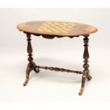 A VICTORIAN BURR WALNUT OVAL STRETCHER TABLE, the top inlaid with a games board. 3ft 1.5ins long x