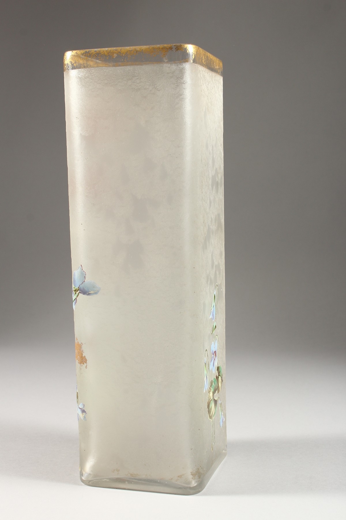 A FRENCH OPAQUE SQUARE SHAPED GLASS VASE painted with flowers. 11.75ins high. - Image 2 of 5