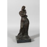 AN ABSTRACT BRONZE GIRL THINKING on a square marble base. 13ins high.