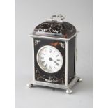 A GOOD SILVER AND TORTOISESHELL CARRIAGE TIMEPIECE, with circular white enamel dial, Roman numerals,