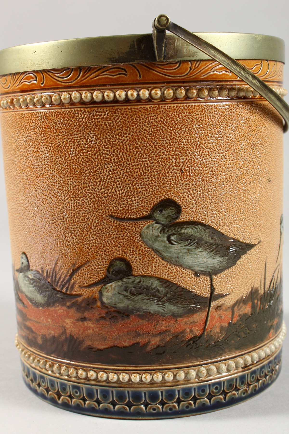 A GOOD DOULTON LAMBETH STONEWARE BISCUIT BARREL by FLORENCE E. BARLOW painted with birds. Maker F. - Image 6 of 13