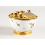 AN APPAY, PARIS PORCELAIN AND GILT CIRCULAR DESK TIDY, the porcelain painted with flowers. 4.25ins