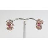 A PAIR OF 18CT YELLOW GOLD, DIAMOND AND RUBY VINTAGE EARRINGS, set with eighteen rose diamonds.