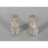 A PAIR OF SILVER PLATE DOG SALT AND PEPPERS. 2.5ins high.