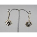 A PAIR OF 9CT GOLD, PERIDOT AND PEARL DROP EARRINGS.
