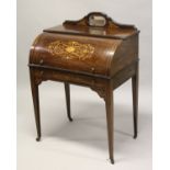 A LATE VICTORIAN ROSEWOOD AND MARQUETRY CYLINDER DESK, with a mirrored cresting rail, inlaid
