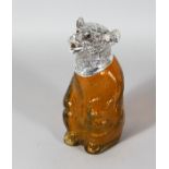 A GOOD AMBER GLASS BEAR CLARET JUG with plated head and collar. 9ins high.