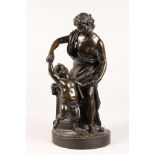 A VERY GOOD LARGE 19TH CENTURY BRONZE GROUP, a classical semi-clad young lady with a faun with pan