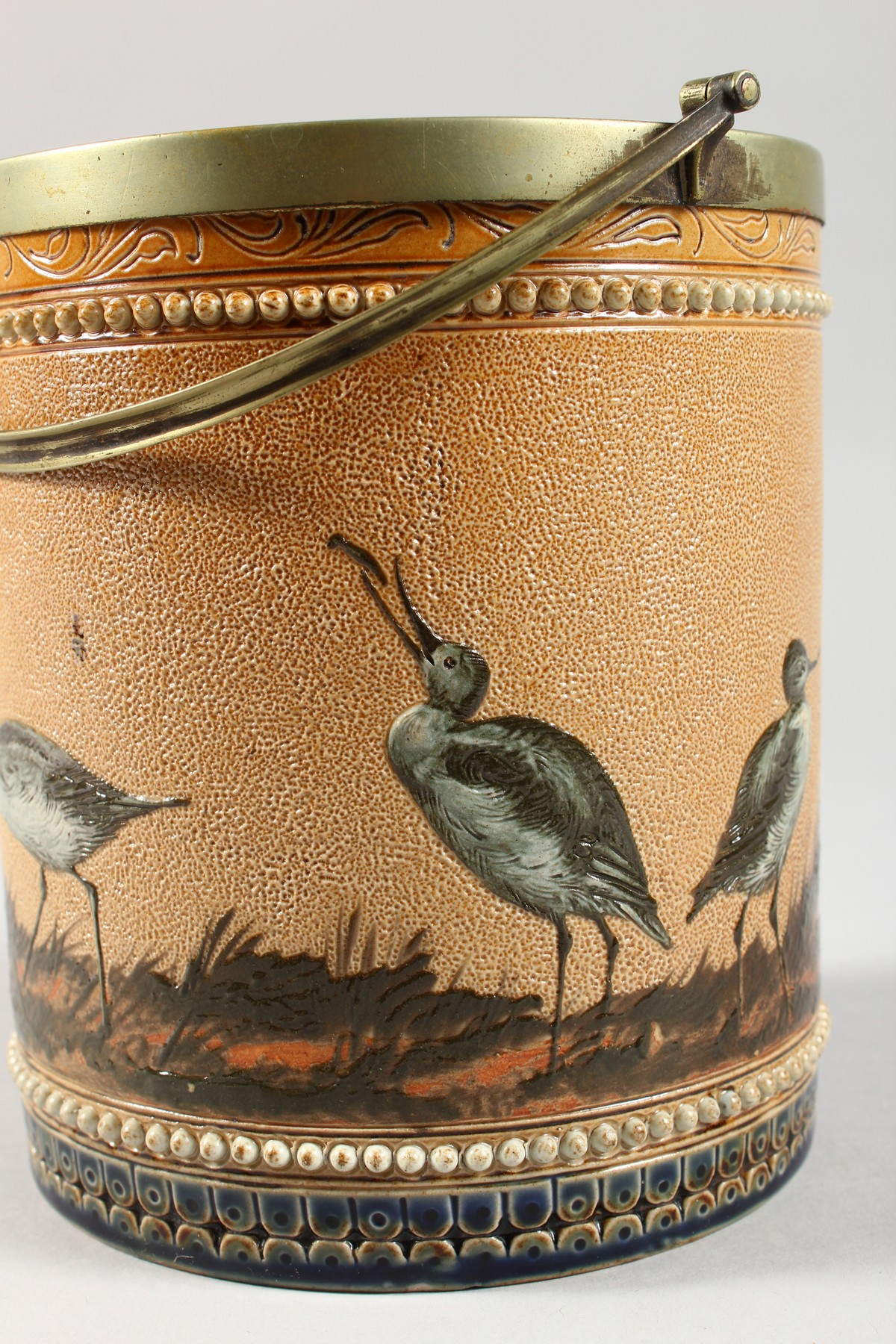 A GOOD DOULTON LAMBETH STONEWARE BISCUIT BARREL by FLORENCE E. BARLOW painted with birds. Maker F. - Image 3 of 13