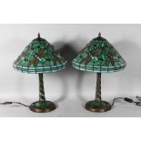 A GOOD PAIR OF TIFFANY DESIGN GREEN DRAGONFLY LAMPS. 22ins high.