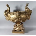 A SUPERB LARGE CLASSIC GILT BRONZE CENTREPIECE, mounted with classical figures, garlands and leopard