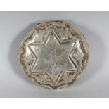 A 19TH CENTURY DUTCH SILVER CIRCULAR SNUFF BOX with star top. 2.25ins diameter.