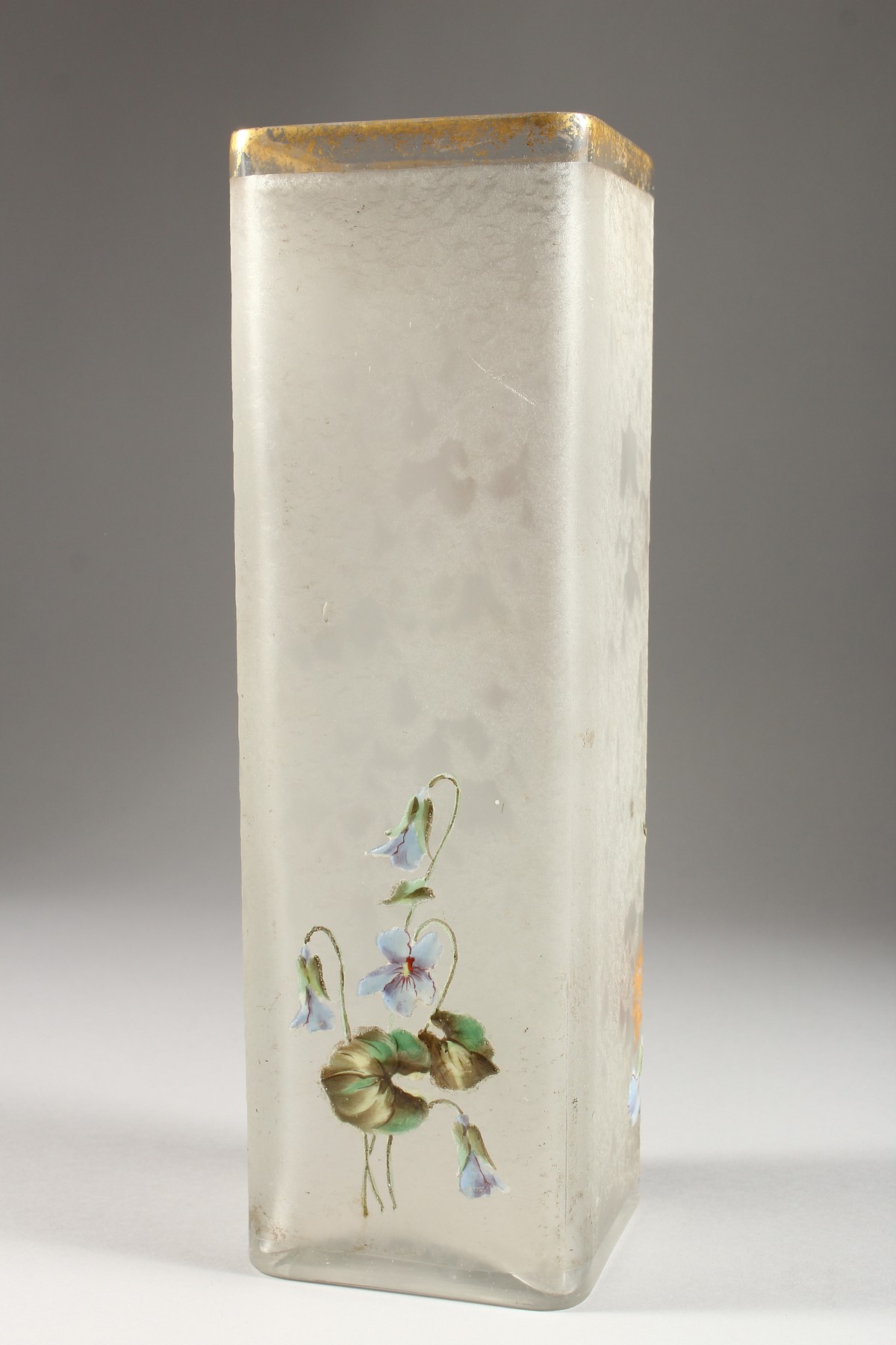 A FRENCH OPAQUE SQUARE SHAPED GLASS VASE painted with flowers. 11.75ins high. - Image 3 of 5