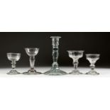 A GOOD 18TH/19TH CENTURY CUT GLASS CANDLESTICK; together with four 19th century cut and moulded