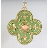 A SUPERB 18CT GOLD, ALHAMBRA AND CORAL PENDANT, 2.75ins, Possibly V.C.A.