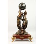 A GOOD LARGE BRONZE CLOCK "JOUR & NUIT", with two full-length maidens holding a globe of the world