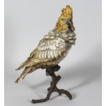 A VIENNA PAINTED COLD CAST PARROT ON A TREE STUMP. 12ins high.