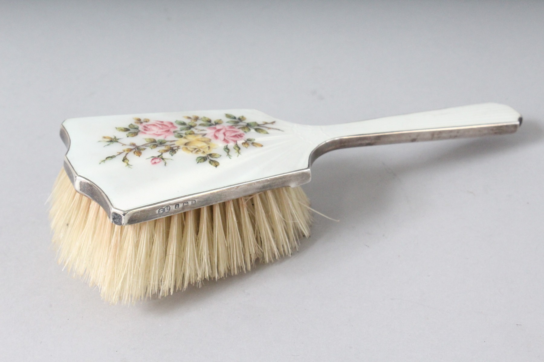 A FOUR PIECE SILVER AND ENAMEL DRESSING TABLE SET, mirror, two brushes and comb. Birmingham 1941. - Image 7 of 7