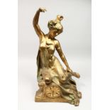 AN ART NOUVEAU GILT SPELTER FIGURAL MANTLE CLOCK, with eight-day movement, the case modelled as a