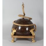 A MARBLE AND GILT BRONZE CENTREPIECE ENTWINED WITH A SNAKE on claw and ball feet. 13ins high.