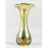 A TIFFANY FAVRILE STYLE GLASS FRILLY EDGE VASE. 8.5ins high.