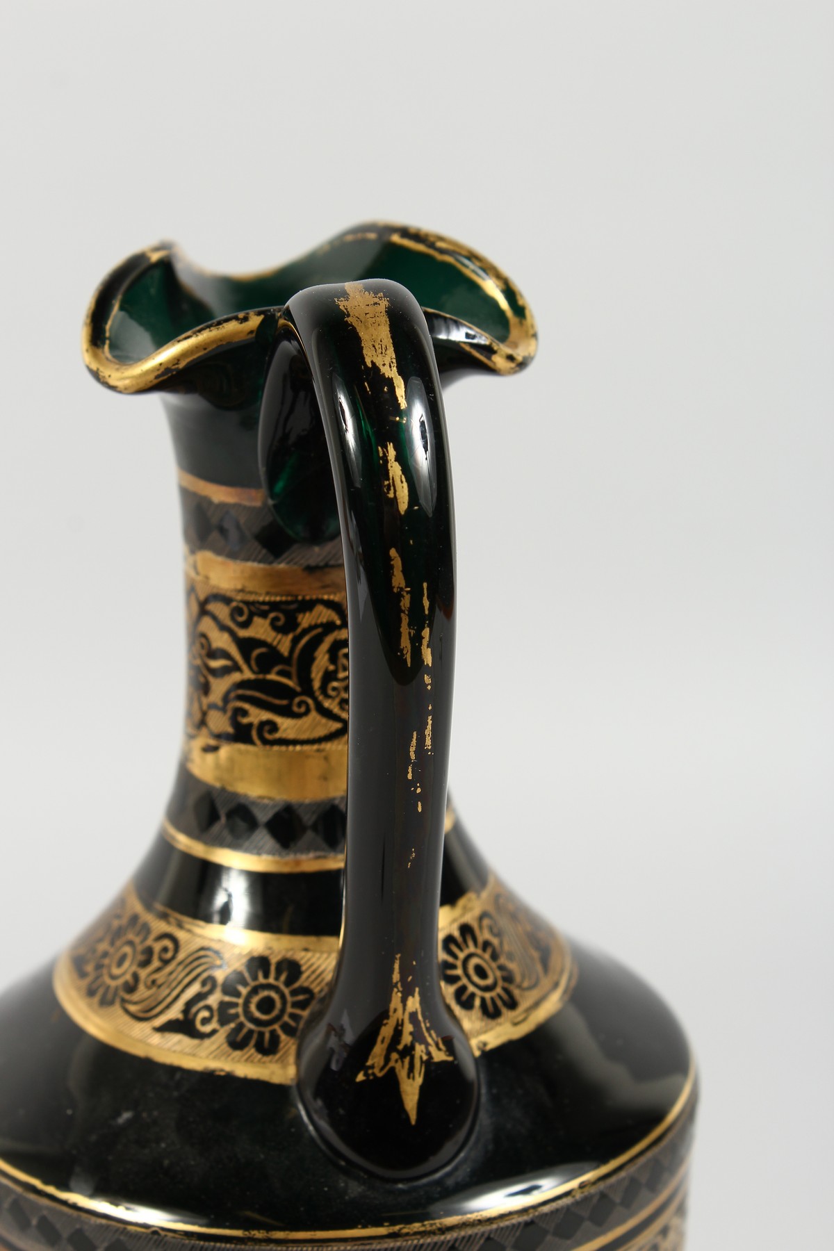 A CONTINENTAL DARK GREEN GLASS EWER AND STOPPER, with etched and gilded decoration. 14ins high. - Image 11 of 11