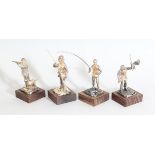 A SET OF FOUR SMALL CAST SILVER FIGURES, "The Falconer", "The Squire", "The Dry Fly" and "The Shot".