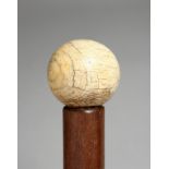 A GOOD WALKING CANE with carved mammoth handle. 33ins long.