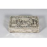 A 19TH CENTURY DUTCH SILVER RECTANGULAR SNUFF BOX, the top repousse with figures. 3ins long.