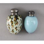 A GULLS EGG DESIGN GLASS SCENT BOTTLE AND SCREW TOP and A PALE BLUE SCENT BOTTLE AND SCREW TOP (2).
