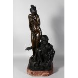 A SUPERB LARGE BRONZE, AN ARAB AND NUDE. Signed, on a marble base. 27ins high.