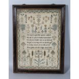 A GEORGE III FRAMED SAMPLER, "Martha Perry", her work 1802. 17ins x 12ins.