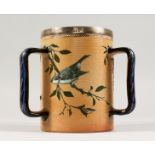 A GOOD DOULTON LAMBETH STONEWARE TYG by FLORENCE E. BARLOW decorated with birds. Maker F.E.B.