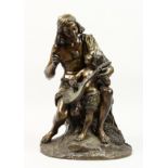 A GOOD 19TH CENTURY CAST BRONZE GROUP of a seated fisherman teaching his son to play the mandolin.