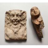 TWO SMALL MOULDED POTTERY "ANTIQUITIES", one as a face, the other a bust. 5ins and 5.5ins high.