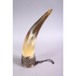 A SILVER MOUNTED HORN CUP, 20cm long.