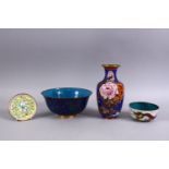 FOUR CHINESE CLOISONNE ITEMS, to include a vase, two bowls and a small dish.