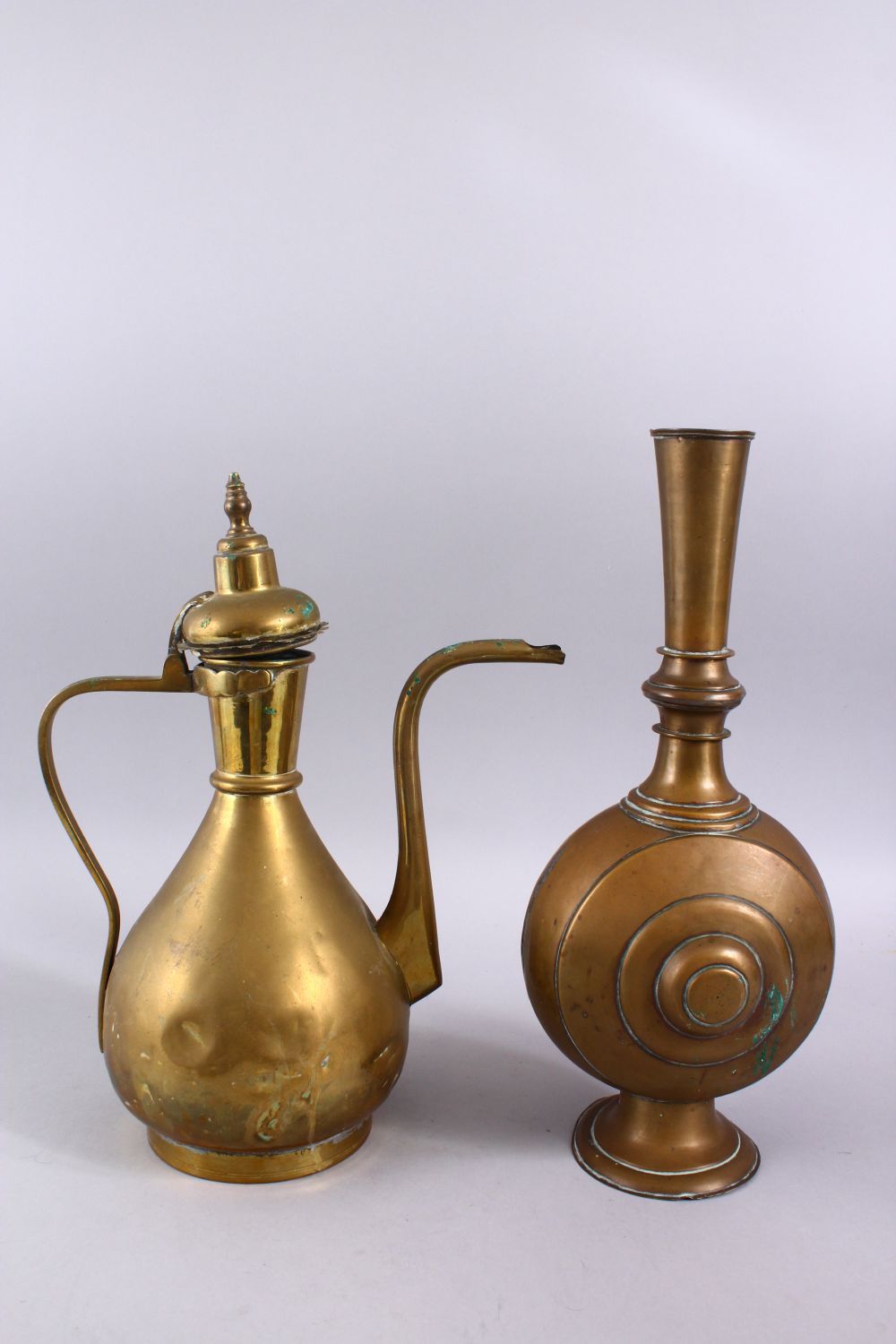 TWO 19TH / 20TH CENTURY ISLAMIC BRASS EWER & VASE, 35cm & 37cm - Image 3 of 3