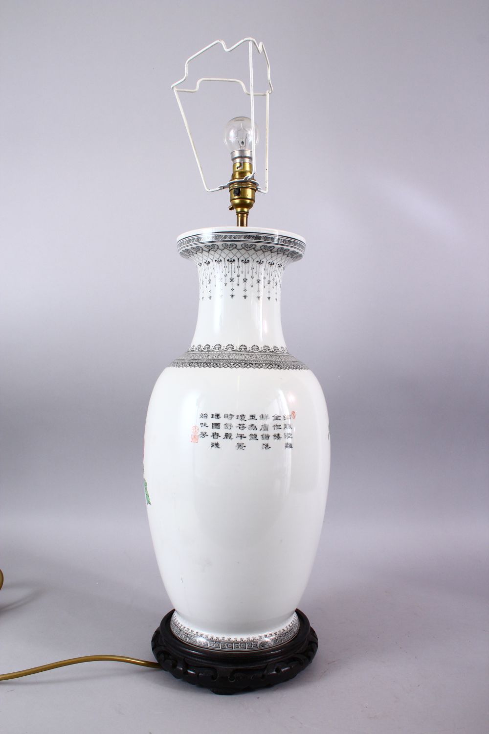 A LARGE CHINESE REPUBLIC STYLE FAMILLE ROSE PORCELAIN LAMP / VASE, decorated with display of - Image 3 of 4