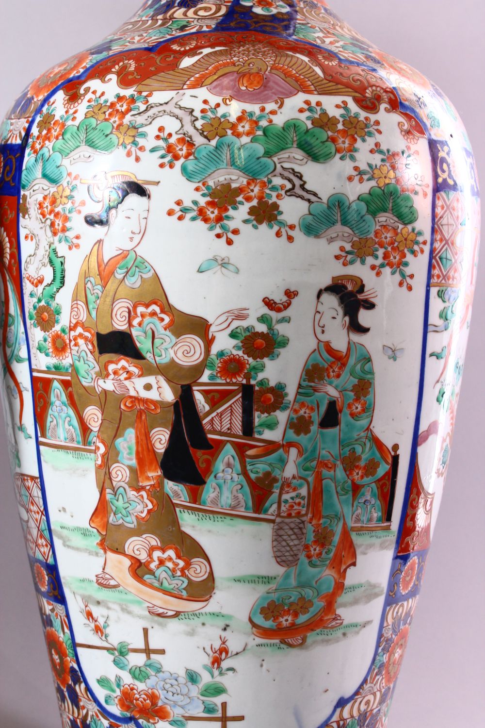 A LARGE PAIR OF JAPANESE MEIJI PERIOD IMARI PORCELAIN VASES, with panel decoration depicting figures - Image 2 of 6