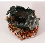 A GOOD CHINESE DARK GREEN JADE LOTUS BRUSH WASHER, together with a good quality wire inlaid carved