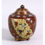 A 19TH CENTURY JAPANESE CLOISONNE POT & COVER, with gold speck decoration with flora upon multi