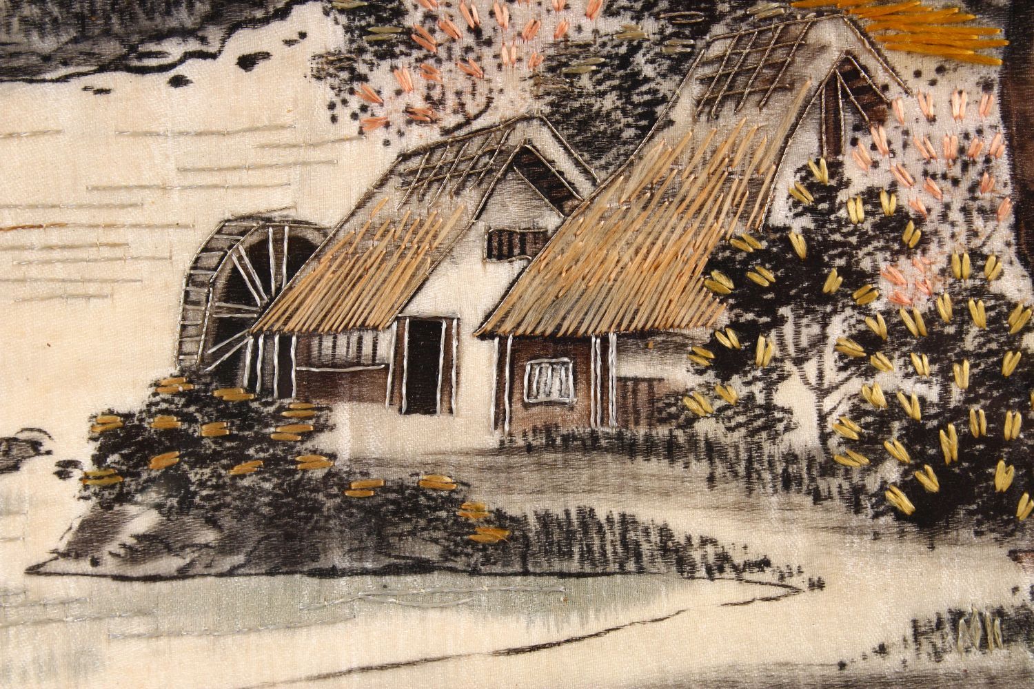 A 20TH CENTURY JAPANESE EMBROIDERED NEEDLE WORK PICTURE OF A LANDSCAPE. 45cm x 35cm. - Image 3 of 4