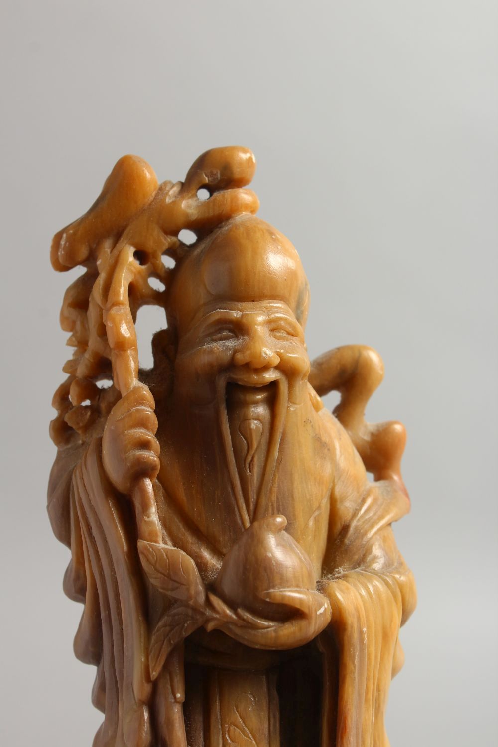 A GOOD 19TH / 20TH CENTURY CHINESE CARVED SOAPSTONE FIGURE OF SHOU LAO, stood on a carved stone base - Image 2 of 6