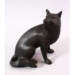A 20TH CENTURY JAPANESE CAST BRONZE MODEL OF A SEATED FOX, with finely engraved detail and signed,