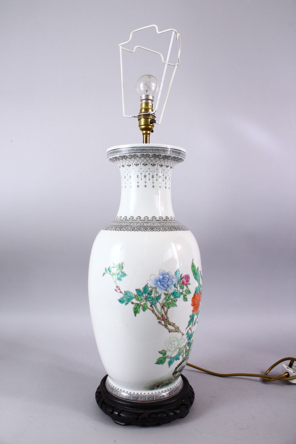 A LARGE CHINESE REPUBLIC STYLE FAMILLE ROSE PORCELAIN LAMP / VASE, decorated with display of - Image 2 of 4