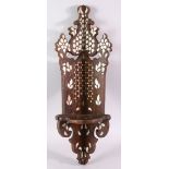 A MOTHER OF PEARL INLAID HARDWOOD CORNER TURBAN STAND, 58cm high.